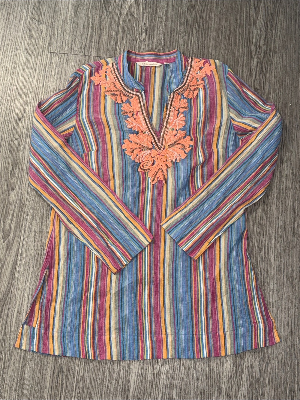 Soft Surroundings Tunic Embroidered & Beaded Front Neckline. Pleated Gauze SZ M